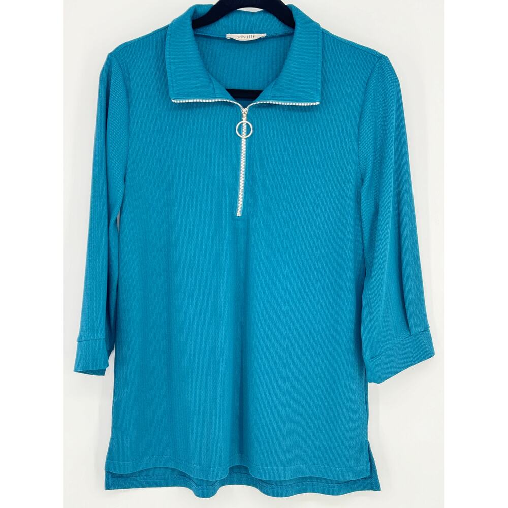 Vivilli Half Zip Top Teal Three Quarter Sleeve Casual Size M